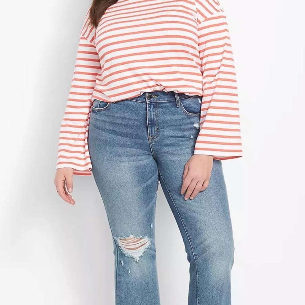 Lane Bryant Flare Jean Womens Medium Wash Distressed Raw Hem Retro Boho Size 18‎
